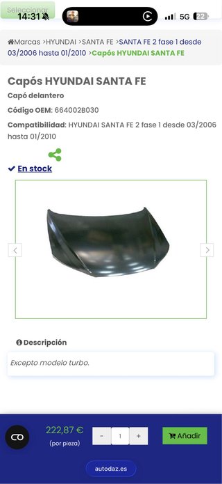 Capó Delantero Hyundai Santa Fe 2008