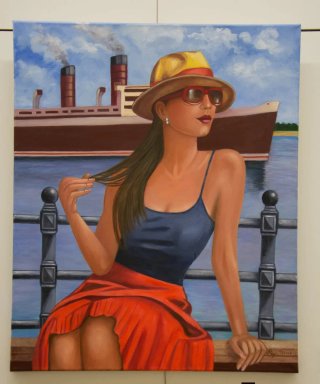 Oleo sobre lienzo Mujer y Barco