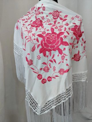 Mantón bordado rosa y blanco