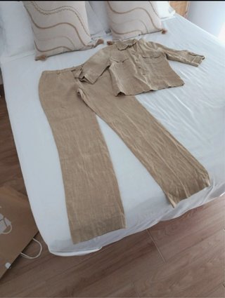 Traje Lino Pantalón y Blusa Beige