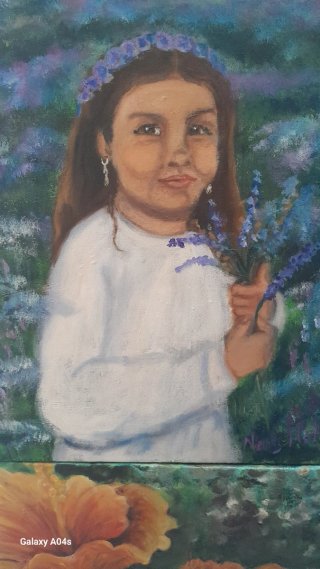 Lote 3 cuadros óleo: pueblo, niña, flores
