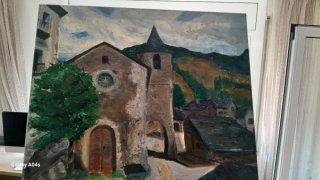 Lote 3 cuadros óleo: pueblo, niña, flores