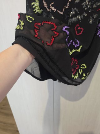 Vestido Desigual Negro Flores Lentejuelas Talla 46
