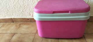 Nevera portátil rosa y gris