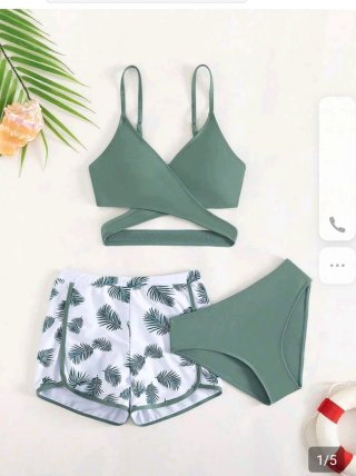 Conjunto 3 piezas traje baño verde y blanco