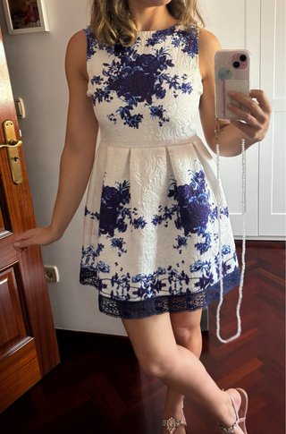 Vestido Jaquard Beige y Azul
