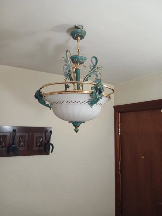 Lámpara colgante vintage dorada y verde azulado