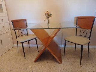 Mesa Comedor Madera/Cristal + 2 Sillas Hierro