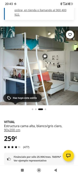 Cama alta IKEA VITVAL blanca/gris 90x200