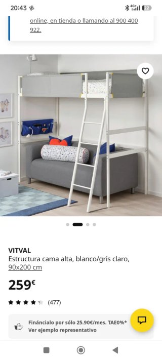 Cama alta IKEA VITVAL blanca/gris 90x200