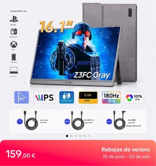 Monitor Portátil ARZOPA 16.1 QHD 180Hz