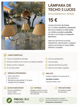 Lámpara Techo Romántica 3 Luces Beige