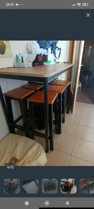 Mesa alta madera con 6 taburetes
