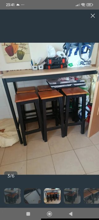 Mesa alta madera con 6 taburetes
