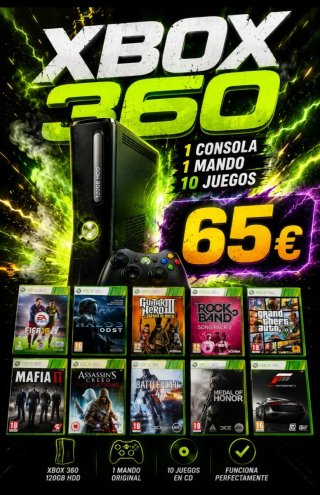 Xbox 360 Negra con 10 Juegos y Mando