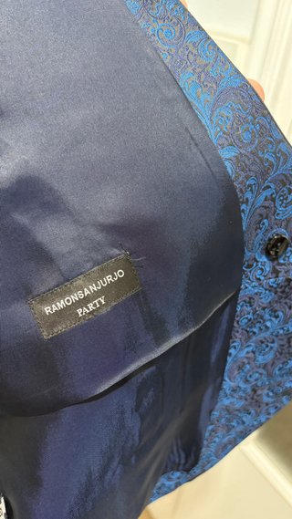 Traje Novio Cuello Mao Azul y negro