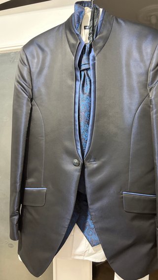Traje Novio Cuello Mao Azul y negro