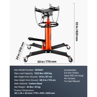 Gato de Transmisión, Gato Hidráulico Telescópico de 600 kg, Soporte de Gato de Piso de Elevación Alta de 81 -170 cm con Pedal de Pie, Rueda Giratoria de 360°, Gato Hidráulico de Transmisión para G...