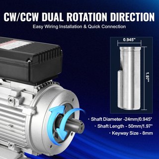 Motor Eléctrico de 1.5KW 1400 rpm, AC 220~240V 9.85A, 90L, Marco B34, Motor de Compresor de Aire Monofásico, Eje Con Diente de 24mm, Rotación CW/CCW para Maquinaria Agrícola y Equipos Generales