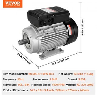 Motor Eléctrico de 1.5KW 1400 rpm, AC 220~240V 9.85A, 90L, Marco B34, Motor de Compresor de Aire Monofásico, Eje Con Diente de 24mm, Rotación CW/CCW para Maquinaria Agrícola y Equipos Generales