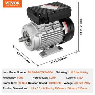 Motor Eléctrico de 0.75KW 2850 rpm, AC 220~240V 5.15A, Marco 80, B34, Motor de Compresor de Aire Monofásico, Eje Con Diente de 19mm, Rotación CW/CCW para Maquinaria Agrícola y Equipos Generales