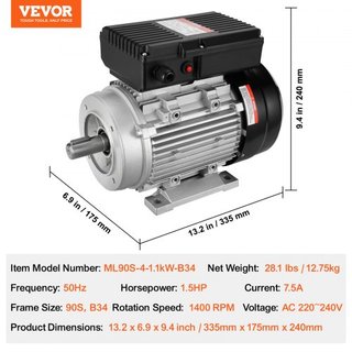 Motor Eléctrico de 1.1KW 1400 rpm, AC 220~240V 7.5A, 90S, Marco B34, Motor de Compresor de Aire Monofásico, Eje Con Diente de 24mm, Rotación CW/CCW para Maquinaria Agrícola y Equipos Generales