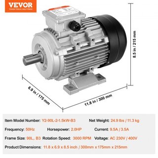 Motor Eléctrico de 1.5KW 3000 rpm, AC 230V/400V 9.5A/3.5A, 90L, Marco B3, Motor de Compresor de Aire 3-Fases, Eje Con Diente de 24mm, Rotación CW/CCW para Maquinaria Agrícola y Equipos Generales