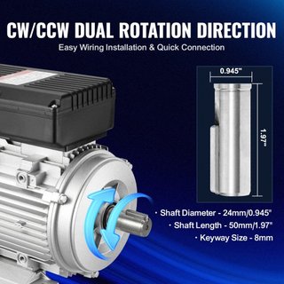 Motor Eléctrico de 1.1KW 2800 rpm, AC 220~240V 7.1A, 90S, Marco B3, Motor de Compresor de Aire Monofásico, Eje Con Diente de 24mm, Rotación CW/CCW para Maquinaria Agrícola y Equipos Generales