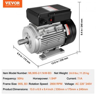 Motor Eléctrico de 1.1KW 2800 rpm, AC 220~240V 7.1A, 90S, Marco B3, Motor de Compresor de Aire Monofásico, Eje Con Diente de 24mm, Rotación CW/CCW para Maquinaria Agrícola y Equipos Generales
