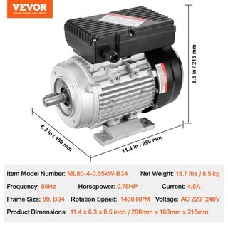 Motor Eléctrico de 0.55KW 1400 rpm, AC 220~240V 4.5A, Marco 80, B34, Motor de Compresor de Aire Monofásico, Eje Con Diente de 19mm, Rotación CW/CCW para Maquinaria Agrícola y Equipos Generales