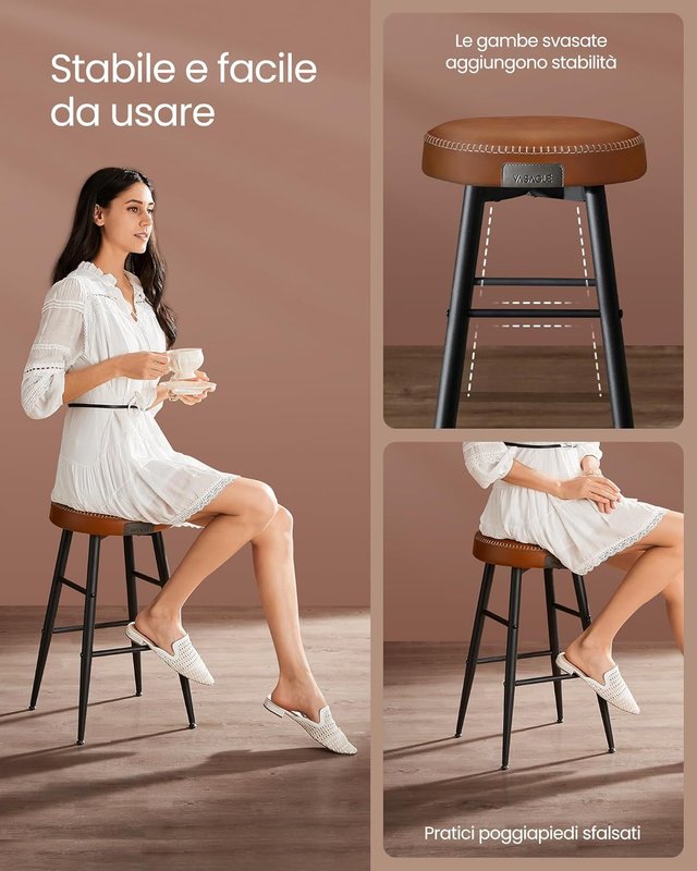 Taburetes de Cocina, Set de 4 Taburetes Altos de Bar, Sillas de Cocina, PU con Costura, Moderno de Mediados de Siglo, Altura 63 cm, Fácil de Montar, Marrón Caramelo