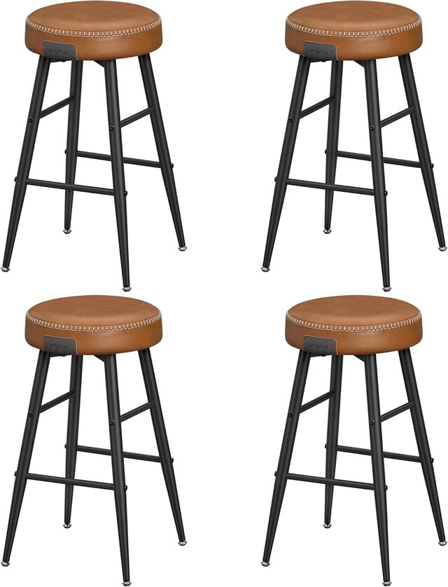 Taburetes de Cocina, Set de 4 Taburetes Altos de Bar, Sillas de Cocina, PU con Costura, Moderno de Mediados de Siglo, Altura 63 cm, Fácil de Montar, Marrón Caramelo