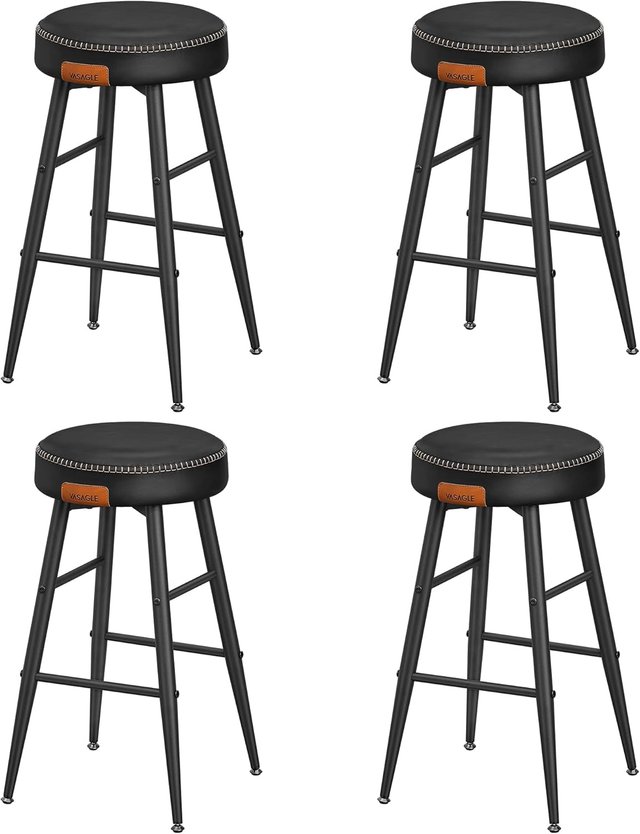Taburetes de Cocina, Set de 4 Taburetes Altos de Bar, Sillas de Cocina, PU con Costura, Moderno de Mediados de Siglo, Altura 63 cm, Fácil de Montar, Negro Tinta