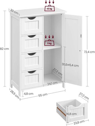 Mobile da Bagno, Armadio Autoportante, Mobile in Legno con 4 Cassetti e Porta, Scaffale Regolabile, per Soggiorno, Cucina, Corridoio, Bianco LHC41W