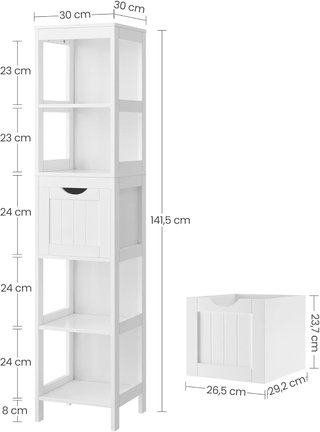 Mobile Alto da Bagno, Armadio da Bagno, Mobile da Bagno, Con 2 Cassetti e 3 Scomparti Aperti, 30 X 30 X 141,5 Cm, per Bagno, Soggiorno, Cucina, Bianco BBC66WT