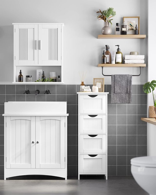 Mobile da Bagno, Cassettiera, Armadio Indipendente, Con 4 Cassetti, 30 X 30 X 82 Cm, Per Bagno, Soggiorno, Sala da Pranzo, Cucina, Stile Moderno, Bianco LHC40W