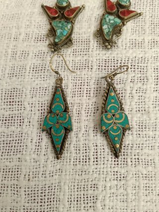 Lote 4 pares pendientes étnicos turquesa y dorado,