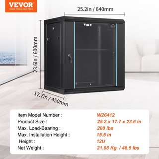 Gabinete de Servidor de Red Montado en Pared de 12U, 39.4cm/15.5" de Profundidad, Enclosure de Rack de Servidor, Capacidad de Carga Máxima Montada en el Suelo de 90 kg/200 lbs, con Puerta de Vidri...