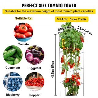 Jaulas para Tomates, 11.8" x 11.8" x 46.1", 5 Paquetes de Jaulas de Soporte para Plantas Cuadradas, Torres de Tomate de Acero Recubierto de PVC Plateado para Verduras Trepadoras, Plantas, Flores, ...