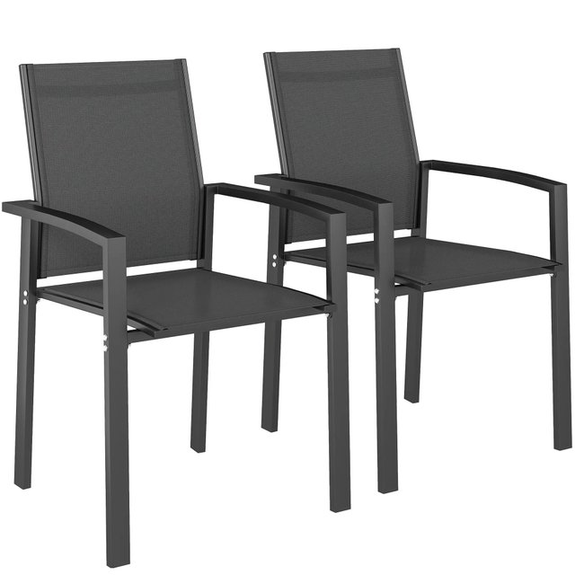 Juego de 2 sillas de jardín apilables con reposabrazos, sillas de comedor para exteriores en aluminio y textilene impermeable, para patio, balcón, terraza, exteriores e interiores, 56x58x89cm, gri...
