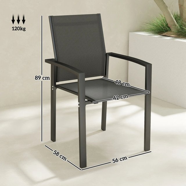 Juego de 2 sillas de jardín apilables con reposabrazos, sillas de comedor para exteriores en aluminio y textilene impermeable, para patio, balcón, terraza, exteriores e interiores, 56x58x89cm, gri...