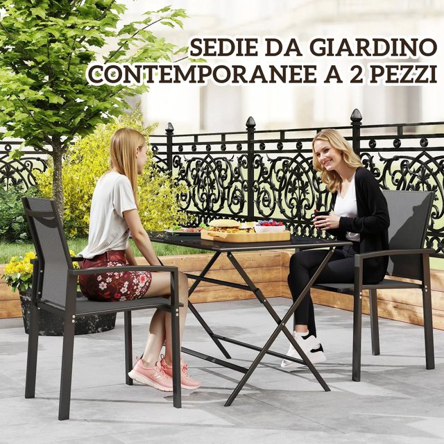 Juego de 2 sillas de jardín apilables con reposabrazos, sillas de comedor para exteriores en aluminio y textilene impermeable, para patio, balcón, terraza, exteriores e interiores, 56x58x89cm, gri...