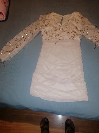 Vestido fiesta lentejuelas blanco y dorado