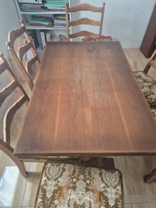 Mesa antigua madera con 6 sillas tapizadas