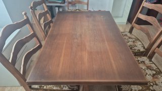 Mesa antigua madera con 6 sillas tapizadas