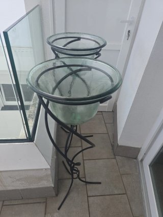 2 Macetas Cristal Antiguas con Soporte Metal