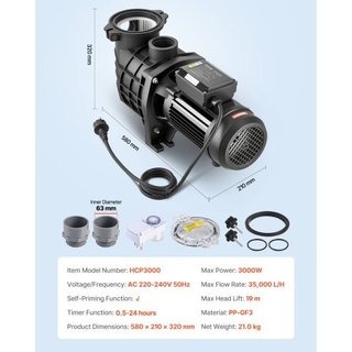 Pompa per piscina, 3000W, 35.000 L/H Portata Massi
