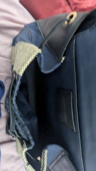 Bolso Parfois terciopelo, rayas crema y azul