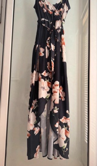 Vestido largo floral negro y rosa