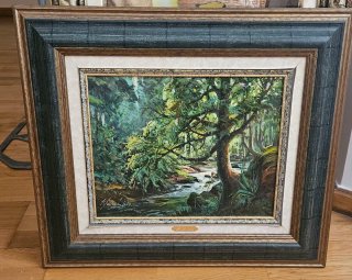Cuadro Pintura de paisaje bosque y río Oleo